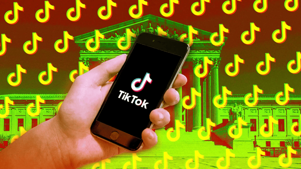 Hand holding a smartphone displaying the TikTok logo, set against a backdrop of a government building overlaid with multiple TikTok logo patterns in red and green