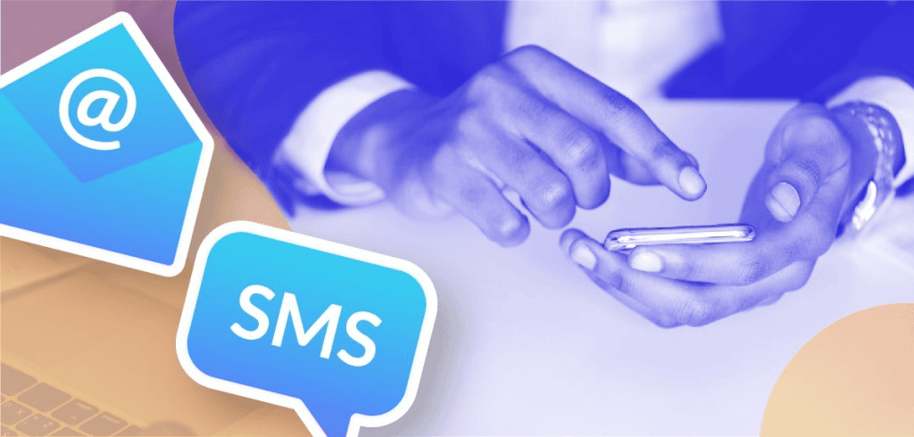 Conceptual business image featuring a person using a smartphone at a desk, with overlaid icons symbolizing email and SMS communication, highlighted in blue tones.