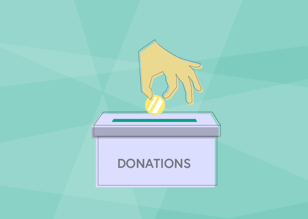 Illustration of a hand placing a coin into a donation box labeled 'DONATIONS' on a geometric teal background.