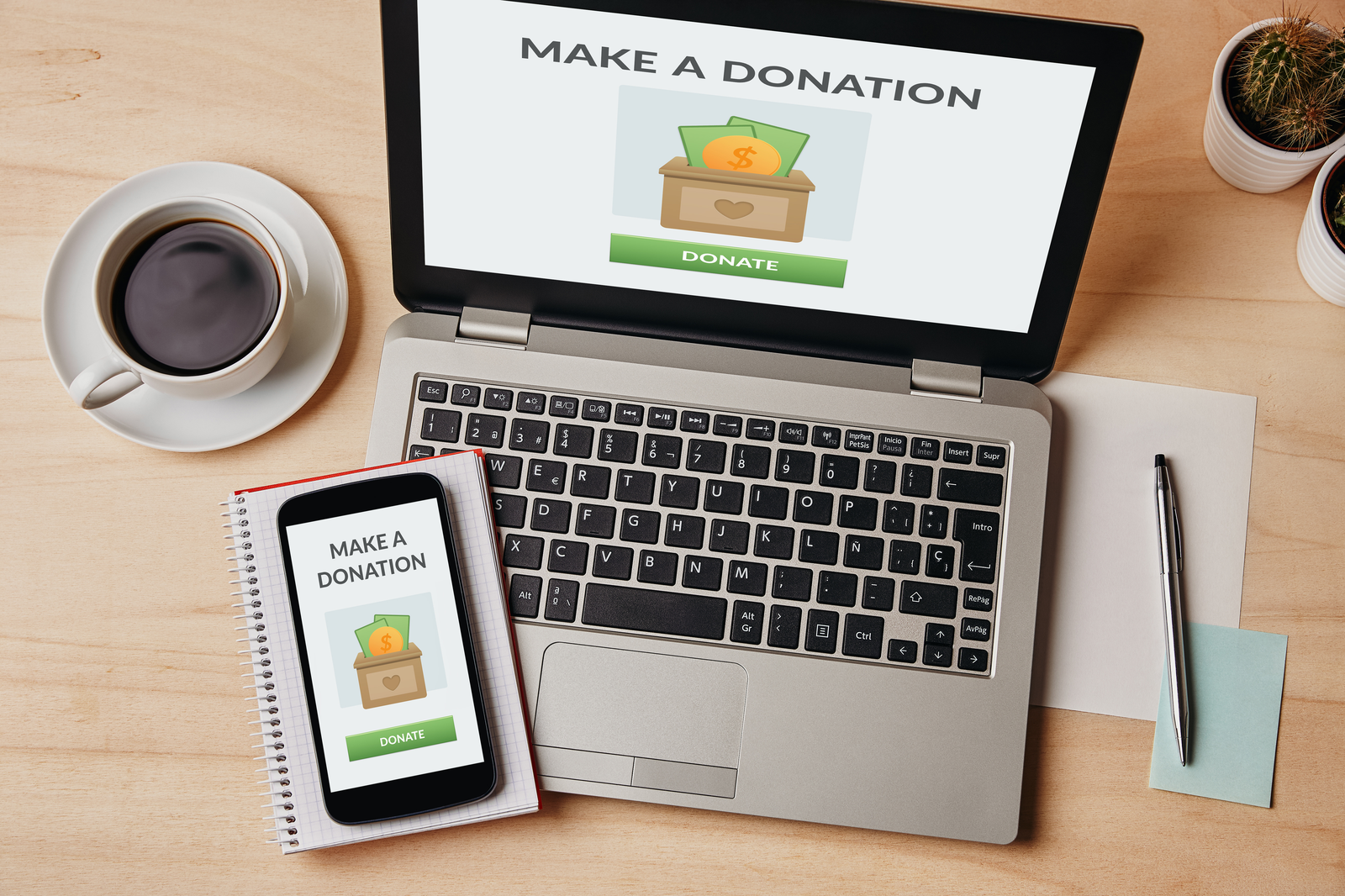 Online donation page open on a laptop and smartphone — digital giving for nonprofits