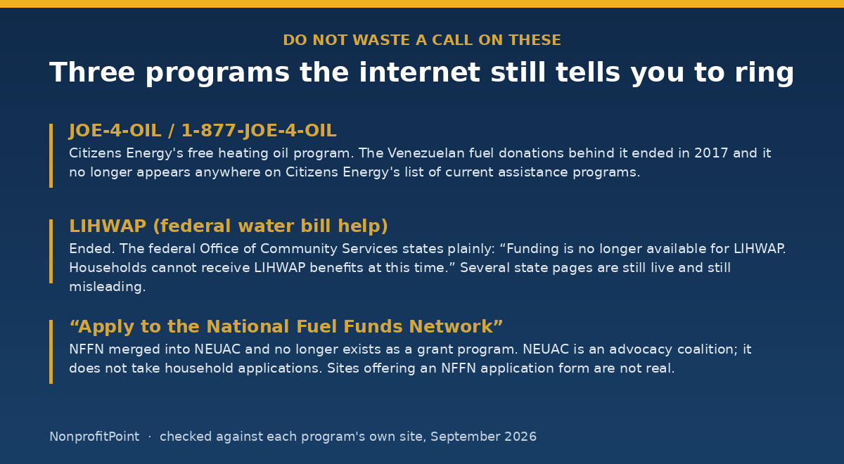 Three heating assistance programs that no longer exist: JOE-4-OIL, LIHWAP and the National Fuel Funds Network