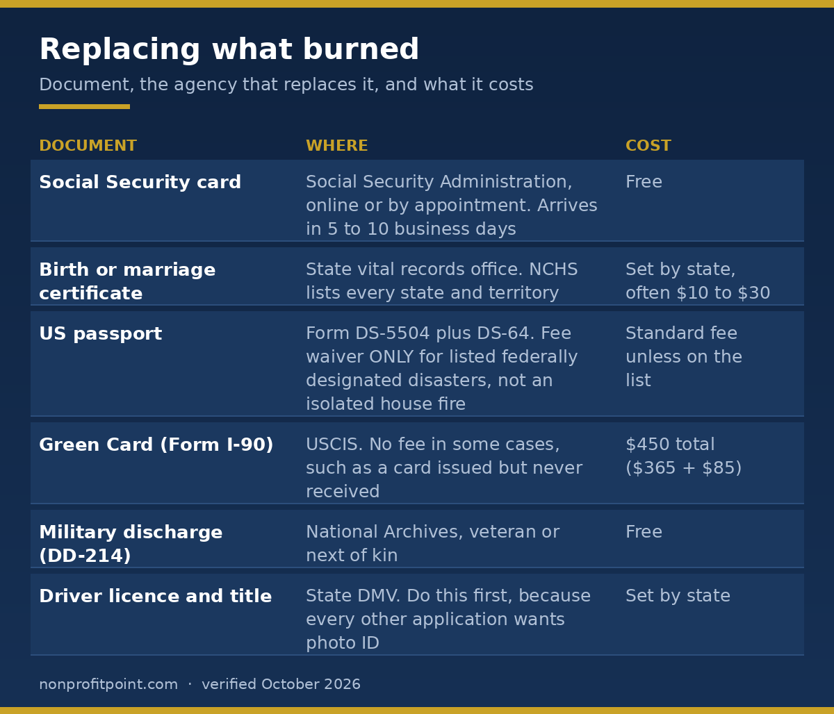 Replacing documents lost in a house fire: Social Security card free, birth certificate state fee, passport fee waiver only for listed federal disasters, Green Card 450 dollars, DD-214 free