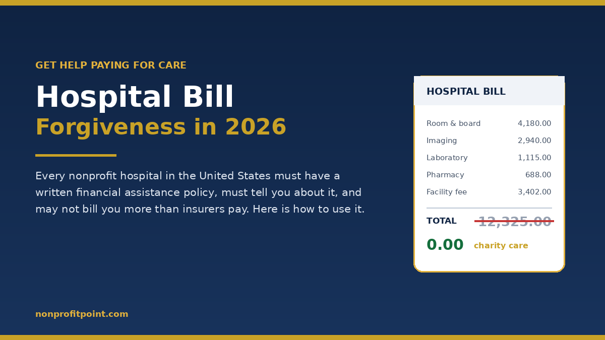 Hospital bill forgiveness in 2026: a hospital bill with the total struck through and replaced by zero under charity care