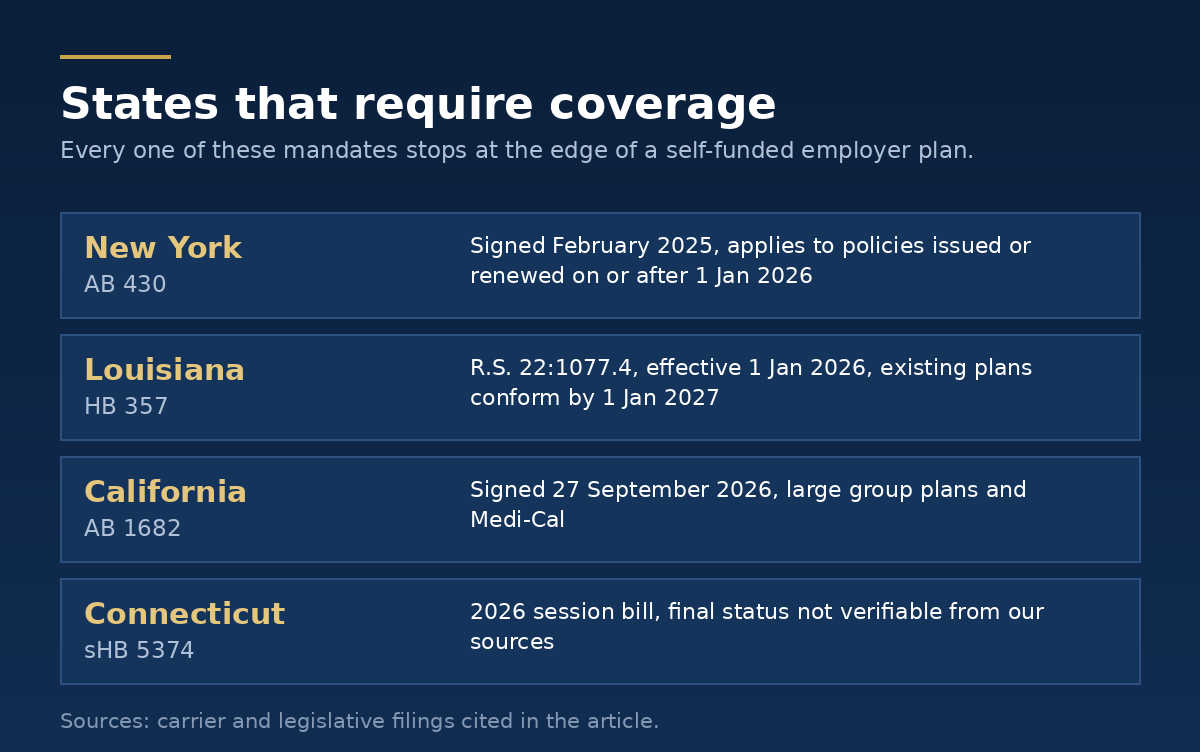 States requiring insurance coverage of scalp cooling: New York, Louisiana, California, Connecticut