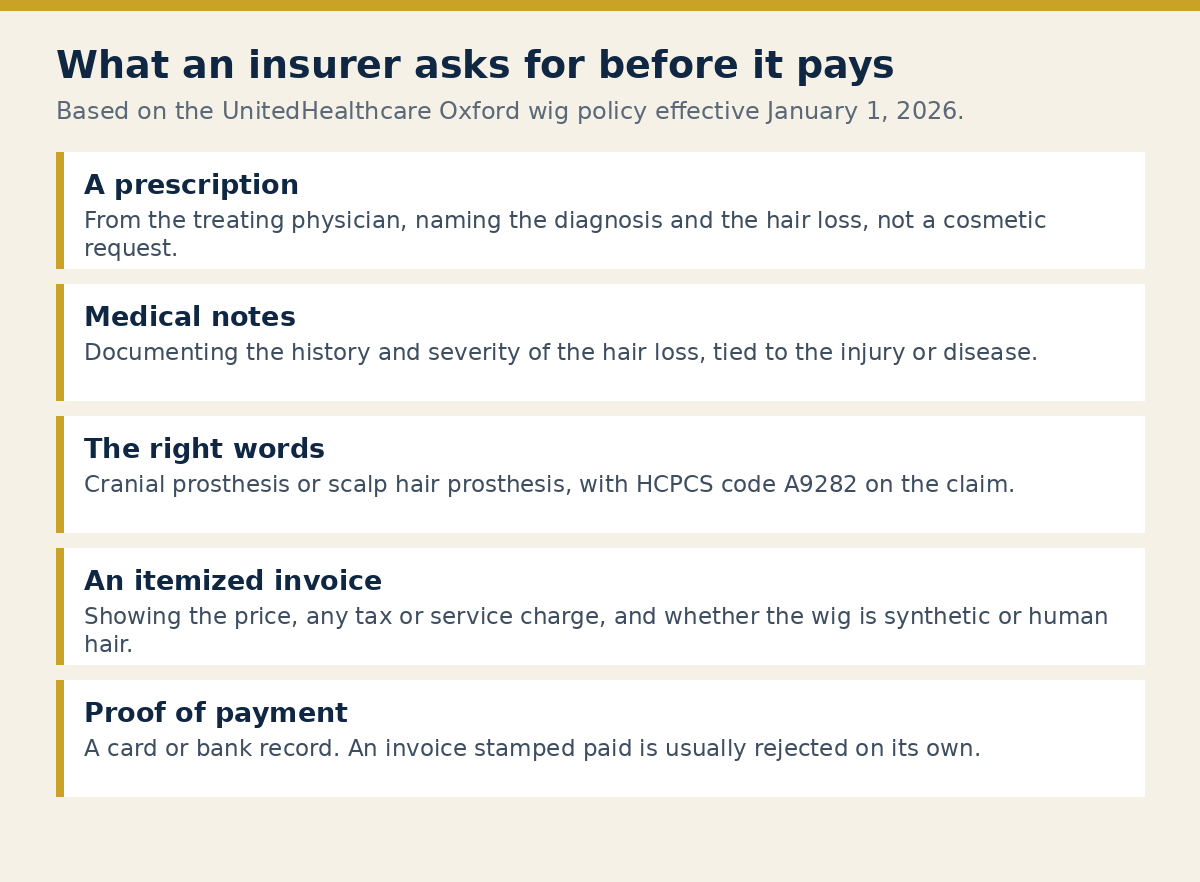What an insurer asks for before it pays for a cranial prosthesis: prescription, medical notes, correct wording, itemized invoice and proof of payment