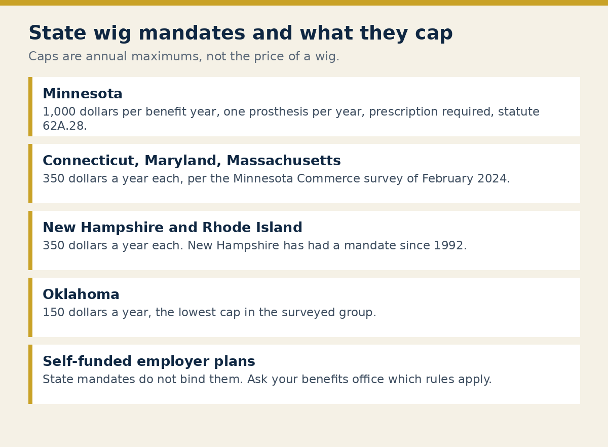 State wig insurance mandates and annual caps, including Minnesota at 1,000 dollars per benefit year