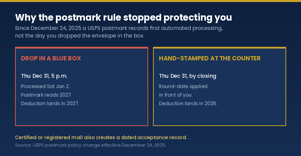 Diagram comparing a blue-box drop and a hand-stamped postmark for a December 31 charitable donation