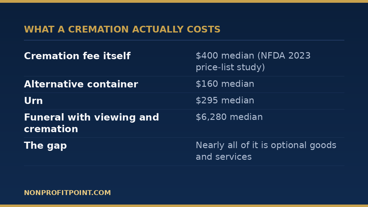 What a cremation actually costs: NFDA median cremation fee, alternative container, urn and funeral with cremation